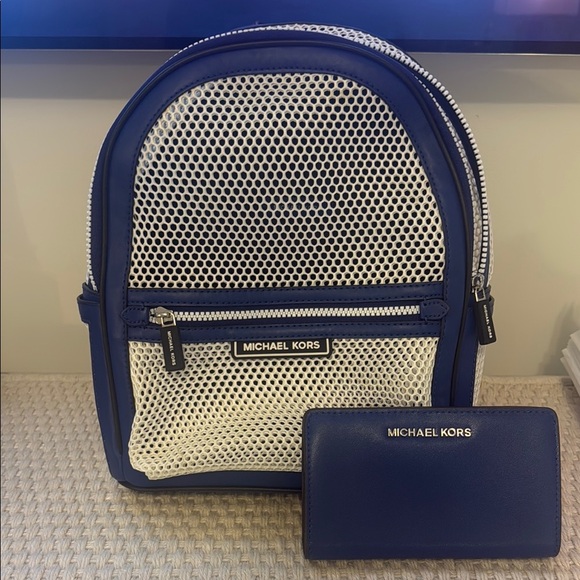 Michael Kors Blue and White Backpack with Wallet